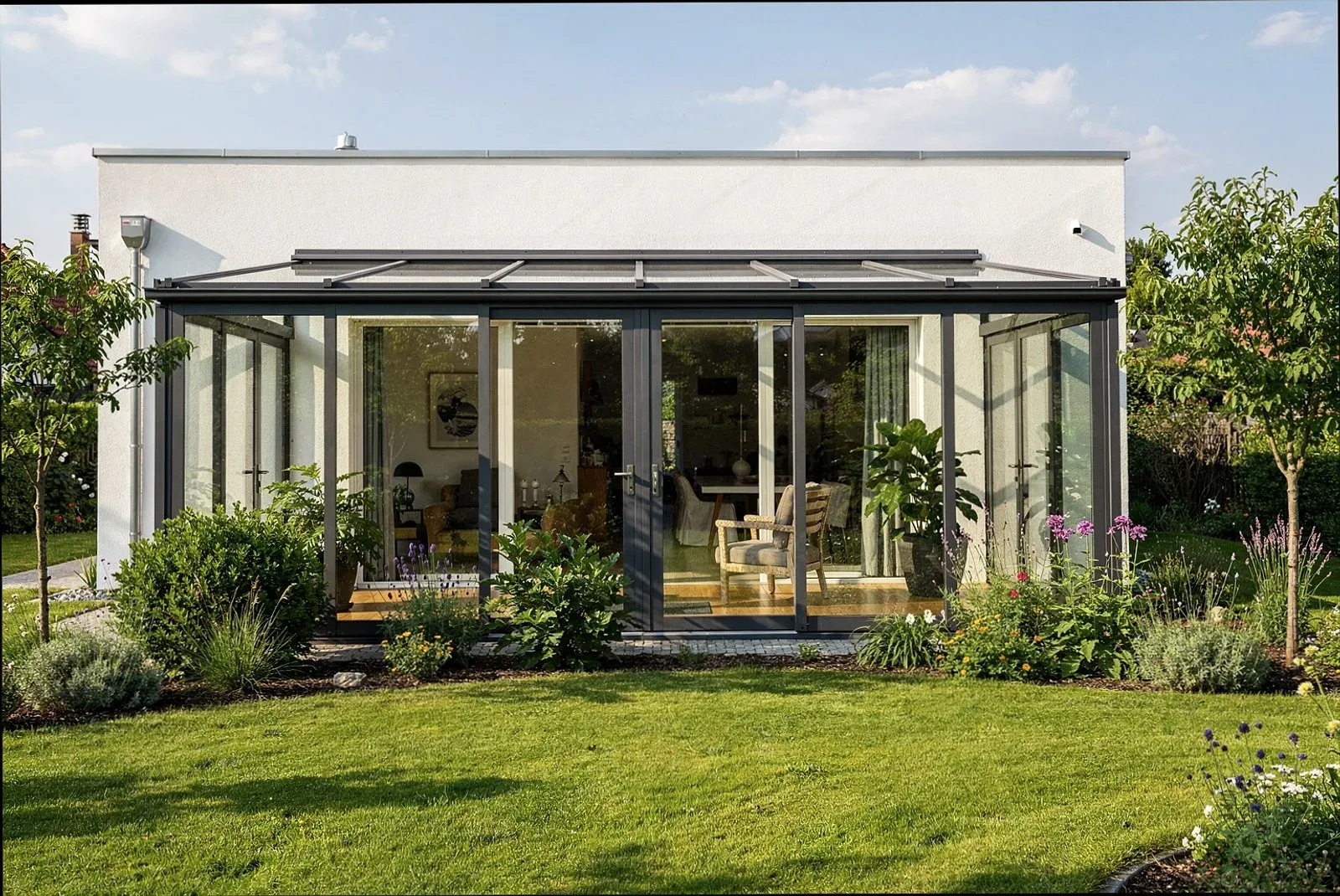 Beheizter Wohnwintergarten mit großen Glasflächen an einem Wohnhaus in Karlsruhe